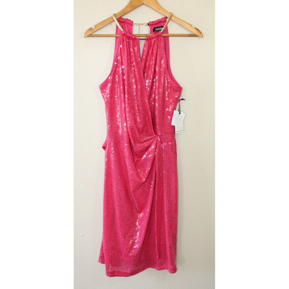 Kensie Womens Juniors Pink Sequins Sleeveless Halter Faux Wrap Dress 12 NWT FLAW